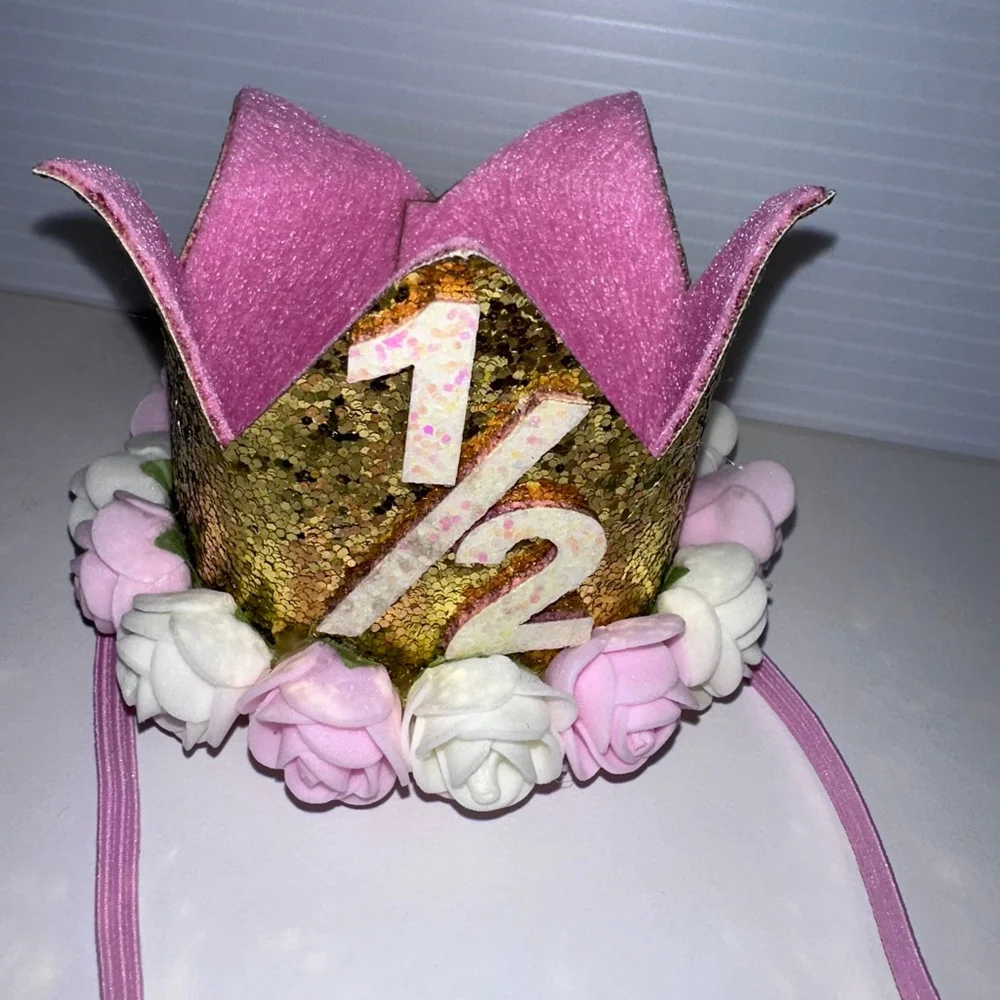 Baby Girl Pink Gold 1/2 Birthday Party Hat One Size Crown